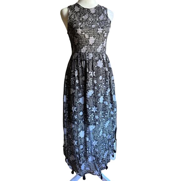 BANJANAN | Black Floral Smocked Bodice Curved Hem Tassle Dress | Sz XS - Picture 1 of 8